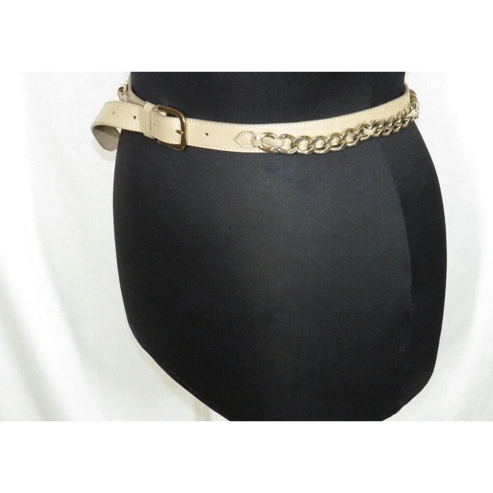 Women's Tan Faux Leather Gold Chain Detail Belt 34-38 Inch Waist Size XL
